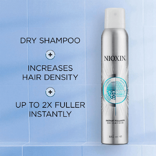 Dry shampoo + increases hair density + up to 2x fuller instantly How to use Nioxin instant fullness? A dry shampoo that volumises 1. Shake the product  2. Spray onto dry hair 3. Brush through 4. Style as desired Refreshed dense looking hair Density, diameter, fusion fibril technology, derma refreshing