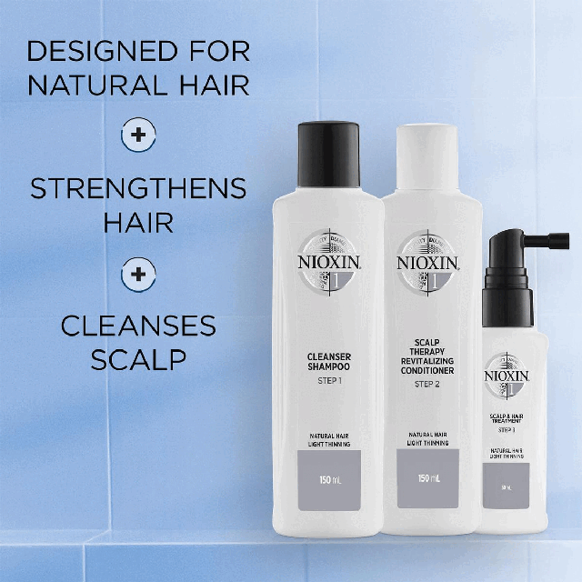 Provides colour protection + strengthens hair + cleanses scalpHow to use Nioxin System Kit No.2 for natural hair with light thinning.
Step 1 cleanser shampoo: gently massage into hair and scalp, rinse well.
Step 2 Scalp Therapy revitalising conditioner: apply from scalp to ends, leave in for 1 to 3 minutes. Rinse.
Step 3 Scalp & Hair Treatment: Shake well. Apply evenly to entire scalp. Do not rinse.Trial Size Kit - Daily Use 30 Days.
Full Size Kit - Daily Use 90 days Dermatologically tested, clinically proven - Dr Caroline Robinson, MD, FAAD, Board-Certified Dermatologist