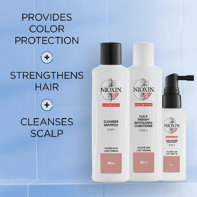 Provides colour protection + strengthens hair + cleanses scalp How to use Nioxin System Kit No.2 for coloured hair with light thinning.Step 1 cleanser shampoo: gently massage into hair and scalp, rinse well. Step 2 Scalp Therapy revitalising conditioner: apply from scalp to ends, leave in for 1 to 3 minutes. Rinse. Step 3 Scalp & Hair Treatment: Shake well. Apply evenly to entire scalp. Do not rinse.Trial Size Kit - Daily Use 30 Days.Full Size Kit - Daily Use 90 days Dermatologically tested, clinically proven - Dr Caroline Robinson, MD, FAAD, Board-Certified Dermatologist