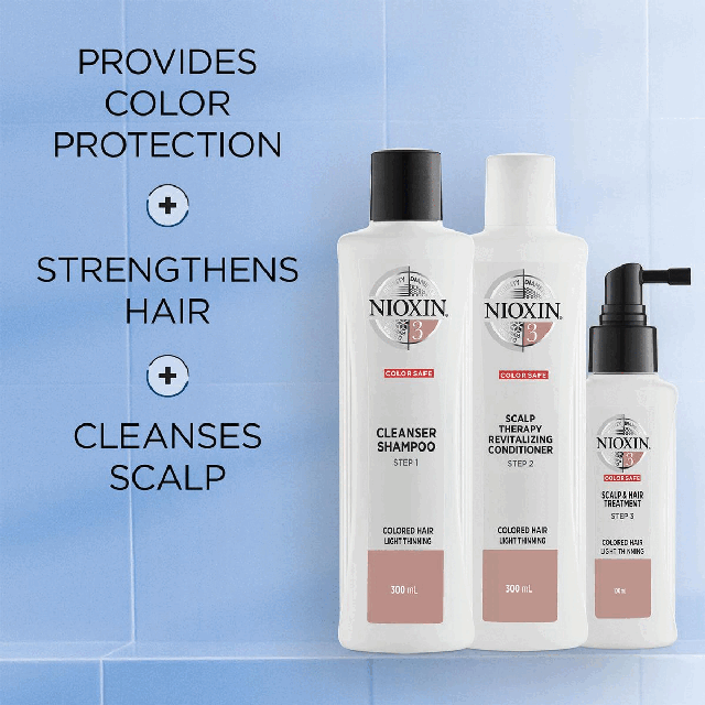 Provides colour protection + strengthens hair + cleanses scalpHow to use Nioxin System Kit No.2 for natural hair with light thinning.
Step 1 cleanser shampoo: gently massage into hair and scalp, rinse well.
Step 2 Scalp Therapy revitalising conditioner: apply from scalp to ends, leave in for 1 to 3 minutes. Rinse.
Step 3 Scalp & Hair Treatment: Shake well. Apply evenly to entire scalp. Do not rinse.Trial Size Kit - Daily Use 30 Days.
Full Size Kit - Daily Use 90 days Dermatologically tested, clinically proven - Dr Caroline Robinson, MD, FAAD, Board-Certified Dermatologist