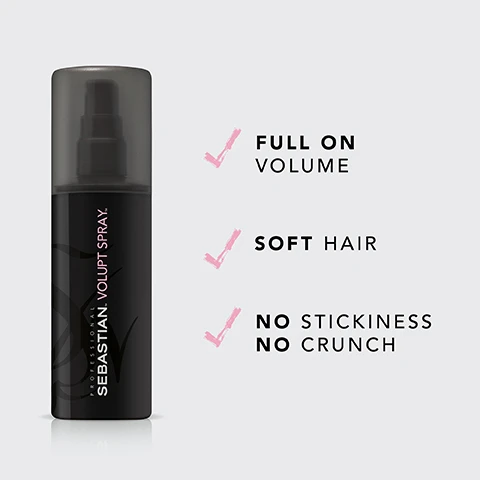 Image 2 - Image of a black spray bottle labeled Sebastian Volupt Spray with check marks and the phrases Full on volume, Soft hair, and No stickiness no crunch.
Image 4 - A graphic with a light gray background showing three circular icons indicating steps for using a product: an icon representing a spray bottle with the word SHAKE above it, a spray icon with the word SPRAY, and a hairdryer icon with the word BLOW-DRY.
Image 5 - Image shows the back of a person with blonde hair, split into two sections labeled BEFORE on the left and AFTER on the right, illustrating a visible change in hair texture and style, with the text *AFTER APPLICATION AND STYLING at the bottom.
Image 6 - A vibrant pink cactus flower is positioned alongside green bamboo leaves against a black background, with the text Bamboo Leaf and Cactus Flower Extract prominently displayed above.