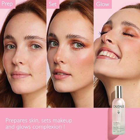 Image 1 - Image of a woman with three different facial expressions showcasing a skincare routine: on the left, she has bare skin, in the middle, she has makeup applied, and on the right, she is smiling with a radiant complexion; visible text includes Prep, Set, Glow, and Caudalie as well as Prepares skin, sets makeup and glows complexion !
Image 2 - A woman with long brown hair holds a skincare product in a clear bottle near her face, with a pink background showing text that reads Instant complexion enhancer and 100% saw their pores tightened immediately after use.
Image 3 - A hand holding a bottle of facial mist sprays a fine mist against a soft pink background, with visible text that reads Face mist 100% natural origin ingredients.
Image 4 - A clear bottle labeled Caudalie with a silver cap is centered, surrounded by rose, mint, grape, lemon balm, rosemary, and orange blossom with text describing their benefits: rose boosts radiance, mint tones and refreshes, grape moisturizes, lemon balm soothes and calms, rosemary soothes and purifies, and orange blossom calms and glows complexion.
Image 5 - Image shows two beauty products side by side: Beauty Elixir on the left in a pink background and Grape Water on the right in a green background, with check marks listing benefits: Beauty Elixir reveals radiance, tightens pores, fixes makeup; Grape Water soothes, moisturizes, antioxidant.