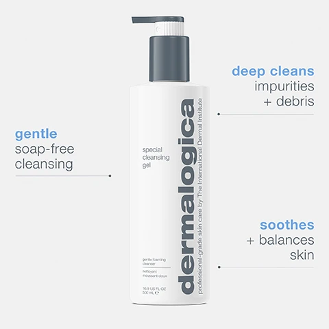 Image 1, deep cleans impurities and debris, gentle soap free cleansing, soothes and balances skin. image 2, quillaha saponaria gently foams and rinses away toxins. lavendar calms and soothes skin. balm mint cools and refreshes