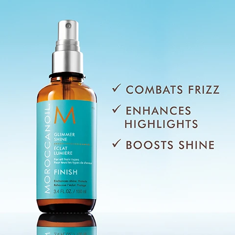 Image 1, combats frizz, enhances highlights, boosts shine. image 2, spray 10 inches away, direct mist above hair's surface using hands, creates a luminous veil of shine.