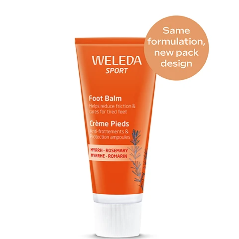 Image 1 - An orange tube of Weleda Sport Foot Balm with botanical illustrations and a white cap, featuring text Weleda Sport Foot Balm Helps reduce friction & cares for tired feet Crème Pieds Anti-frottements & Protection ampoules Myrrh - Rosemary Myrrhe - Romarin, alongside a circular callout that says Same formulation, new pack design. Image 2 - A before and after image showing two Weleda foot balm tubes; the blue tube on the left, labeled Before, says Weleda Since 1921 Foot Balm Refreshes and cares for tired feet, while the orange tube on the right, labeled After, says Weleda Sport Foot Balm Helps reduce friction & cares for tired feet Crème Pieds Anti-frottements & Protection ampoules MYRRH - ROSEMARY MYRRHE - ROMARIN.