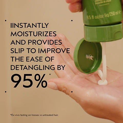 Image 2 - A hand catches a stream of white cream dispensed from a green bottle, next to the marketing text that reads INSTANTLY MOISTURIZES AND PROVIDES SLIP TO IMPROVE THE EASE OF DETANGLING BY 95% and a footnote *Ex-vivo testing on tresses vs untreated hair, while the bottle itself displays 8.5 fl oz/oz liq/250 ml e. Image 3 - A close-up shows a person with dark, curly hair and part of their face, with a yellow circular arrow pointing to the hair containing the text THE RESULT 3X stronger hair* with a footnote *Ex-vivo testing on shampoo conditioner primer and curl enhancer cream vs. untreated hair. Image 4 - A split image shows a smiling woman with dark, textured hair before and after a treatment, with the left side showing a voluminous afro and the right side showing defined curls, accompanied by the text BEFORE, Unwashed Hair, AFTER, Results with Be Curly Advanced™ Co-Wash, Conditioner, Curl Perfecting Primer, and Curl Defining Gel. Blow dried with diffuser and finished with Nutriplenish™ Multi-Use Hair Oil. Image 5 - A dark green image features a white circle containing three dark purple kokum fruits on a leafy branch against a white background; text reads KOKUM SEED BUTTER, DEEPLY NOURISHES, CONDITIONS, DETANGLES. Image 6 - A smooth, swirling swatch of light-colored cream or lotion. Image 7 - The image displays a three-step hair care routine on a dark green background with three circular photos: one of hands cleansing dark curly hair, one of conditioner being squeezed from a green tube into a hand, and one featuring three green Aveda styling products. The visible text reads How To Use 01 Cleanse Be Curly Advanced TM Co-Wash 02 Condition Be Curly Advanced TM Conditioner 03 Style Be Curly Advanced TM Curl Perfecting Primer Be Curly Advanced TM Coil Definer Gel Nutriplenish TM Multi-Use Hair Oil. Image 8 - Three white certification logos are displayed against a background of dark green plant leaves: a 100% Vegan logo with a large V and 100% VEGAN text, a Certified B Corporation logo showing a B in a circle with the words Certified B Corporation (R), and a Cruelty Free International leaping bunny logo with Cruelty Free INTERNATIONAL (TM) written below it.