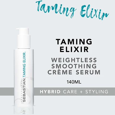Image 2 - A bottle of Sebastian Taming Elixir, a weightless smoothing crème serum, labeled with 140ML and text that reads HYBRID CARE + STYLING.
Image 3 - A bottle of Sebastian Taming Elixir smoothing crème serum is displayed with two bullet points indicating benefits: weightless, smoothing crème serum and touchably supple hair, without the feel of any product.
Image 4 - Image shows instructions for adding texture and hold to hair, featuring two icons: one with the text scrunch into dry hair and another with the text set hair.
Image 5 - Image shows a step-by-step guide with the heading HOW TO USE, followed by three numbered instructions: DISPENSE FEW DROPS, APPLY TO DAMP HAIR, and BLOW DRY.