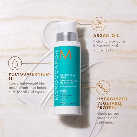 argan oil - rich in antioxidants, it hydrates and nourishes hair. polyquaternium-11 = forms lightweight film around hair that holds curl, for all curl types. hydrolyzed vegetable protein - coats porous strands and split ends.