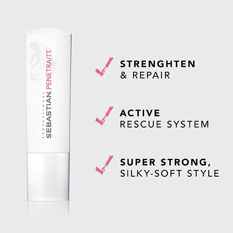 Image 3 - A tube of Sebastian Penetraitt styling product is shown with three bullet points that read: strengthen & repair, active rescue system, super strong, silky-soft style.
Image 5 - A black tube of hair product labeled SEBASTIAN PENETRATT, with three checkmarked benefits: STRENGTHEN & REPAIR, ACTIVE RESCUE SYSTEM, and SUPER STRONG, SILKY-SOFT STYLE.
