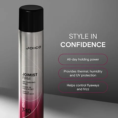 Image 2 - Image shows a silver and pink Joico Joimist Firm Dry Finishing Spray can with text JOICO JOIMIST FIRM DRY FINISHING SPRAY FIXATIF DE FINITION SEC SPRAY DE ACABADO SECO 5 6 9 7-10 and accompanying product benefits listed as STYLE IN CONFIDENCE All-day holding power Provides thermal humidity and UV protection Helps control flyaways and frizz.