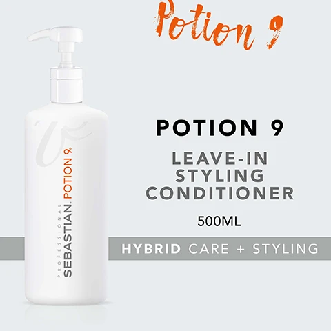 Image 2 - A white bottle with a pump labeled Potion 9 Leave-In Styling Conditioner 500ML, with text reading Hybrid Care + Styling.
Image 3 - A white bottle labeled Sebastian Professional Potion 9 with a pump top, featuring three check-marked benefits listed next to it: Protect and enhance manageability, Help restore hairs natural condition, and Renew shine.
Image 4 - Image showing a set of three instructions for hair styling with icons: apply to hair, blow-dry, or air-dry for silky looks, with the title HOW TO USE.
Image 5 - Image showing a person with curly hair on the left labeled BEFORE and the same person with straight hair on the right labeled AFTER with a note at the bottom that reads *AFTER APPLICATION AND STYLING*.
Image 7 - A close-up of jojoba seeds, green olives, and a yellow flower on a black background with the text Jojoba, Safflower & Olive Oil.