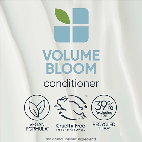 image 1, volume bloom conditioner - vegan formula, cruelty free, 95% recycled bottle excluding cap. image 2, adds long lasting bouncy volume. ensures shine for manageable, voluminous hair. gently cleanses with minimal stripping. image 3, before and after volume bloom. after one use of volume bloom shampoo and conditioner