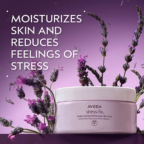 Image 2 - The image features a light purple jar of body cream surrounded by lavender sprigs and falling petals on a purple background, with prominent white text stating MOISTURIZES SKIN AND REDUCES FEELINGS OF STRESS, and the jar label reads AVEDA stress-fix™ body creme/crème pour le corps stress-relieving aroma/arôme apaisant and includes a plant icon. Image 3 - An image with a dark green background features a large light pink circle containing purple lavender flowers and green sage leaves, with white text at the top reading EMBRACE SERENITY and text at the bottom reading A STRESS-RELIEVING AROMA WITH LAVENDER, LAVANDIN, AND CLARY SAGE. Image 4 - A thick swirl of creamy white cosmetic product with a rich texture is artfully swatched on a light gray background, framed by a dark green border. Image 5 - A display of five Aveda Stress-Fix products, including a body lotion bottle, a composition oil bottle, a tub of soaking salts, a concentrate rollerball, and a tub of body creme, are arranged among lavender sprigs on a purple background, with text visible at the top reading HOW TO USE 01 BATH Stress Fix™ Soaking Salts & Composition Oil 02 BODY Stress Fix™ Body Lotion & Body Creme 03 ON-THE-GO Stress Fix™ Concentrate Rollarball, and each product features Aveda branding with the tagline The art and science of pure flower and plant essences, specifically labeled: stress-fix™ body lotion stress-relieving aroma lotion pour le corps arôme apaisant; stress-fix™ composition oil™ stress-relieving aromatic oil for body, bath and scalp huile aromatique apaisante pour le corps, bain et le cuir chevelu; stress-fix™ soaking salts stress-relieving aroma sels de bain arôme apaisant; stress-fix™ concentrate stress-relieving aroma concentré arôme apaisant; and stress-fix™ body creme/crème pour le corps stress-relieving aroma/arôme apaisant. Image 6 - Three white certification logos are displayed against a dark green tropical foliage background with a red plant stem on the left and contain the text 100% VEGAN 100% VEGAN Certified B Corporation Cruelty Free INTERNATIONAL.