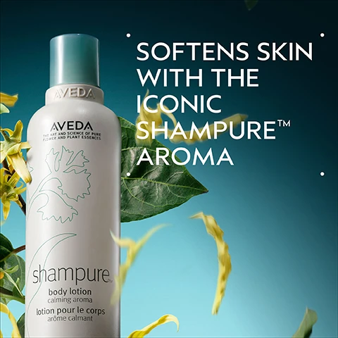 Image 2 - A white Aveda Shampure body lotion bottle with a light blue cap stands amidst yellow flowers and green leaves, with text reading SOFTENS SKIN WITH THE ICONIC SHAMPURE™ AROMA. Image 3 - A botanical flat lay arrangement featuring sprigs of lavender, white citrus blossoms, and yellow-green ylang-ylang flowers on a light blue-green circle against a dark green background, with the text POWER YOUR PEACE and A CALMING AROMA WITH A BLEND OF 25 PURE FLOWER AND PLANT ESSENCES INCLUDING LAVENDER, PETITGRAIN, AND YLANG YLANG. Image 4 - A creamy, off-white product swatch with a smooth texture and a subtle shadow is presented against a white background within a dark green border. Image 5 - An image showing two white Aveda Shampure bottles with teal caps on a dark green background, accompanied by step-by-step usage instructions. The overarching text states HOW TO USE. The instructions are 01 CLEANSE Shampure™ Hand and Body Wash, and 02 MOISTURIZE Shampure™ Body Lotion. The left bottle, which has a pump, displays AVEDA, THE ART AND SCIENCE OF PURE FLOWER AND PLANT ESSENCES, shampure, hand and body wash, calming aroma, nettoyant pour les mains et le corps, arôme calmant. The right bottle, which has a flat cap, displays AVEDA, THE ART AND SCIENCE OF PURE FLOWER AND PLANT ESSENCES, shampure, body lotion, calming aroma, lotion pour le corps, arôme calmant. Image 6 - White logos against dark green leaves include a circular 100% Vegan logo with a V, a Certified B Corporation logo, and a Cruelty Free International logo with a jumping rabbit.