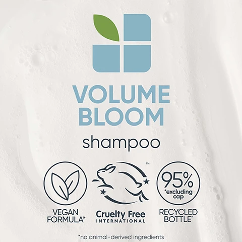 image 1, volume bloom shampoo - vegan formula, cruelty free, 95% recycled bottle excluding cap. image 2, volume bloom conditioner - vegan formula, cruelty free, 95% recycled bottle excluding cap. image 3, plumps and adds lightweight volume to fine hair. gently cleanses with minimal stripping. image 4, adds long lasting bouncy volume. ensures shine for manageable, voluminous hair. gently cleanses with minimal stripping. image 5, before and after volume bloom. after one use of volume bloom shampoo and conditioner