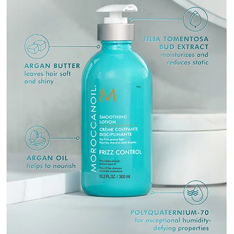 argan butter - leaves hair soft and shiny. tilia tomentosa bud extract moisturises and reduces static. argan oil helps to nourish. polyquaternium-70 for exceptional humidity defying properties.