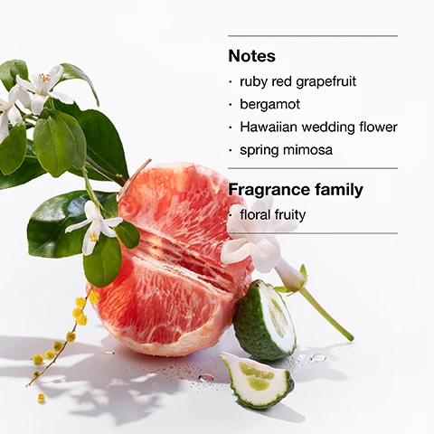 Image 1 - A halved ruby red grapefruit is surrounded by green leaves, small white flowers, and a slice of green fruit, with text on the right listing notes and fragrance family. The text reads: Notes ruby red grapefruit bergamot Hawaiian wedding flower spring mimosa Fragrance family floral fruity.
Image 2 - A bottle of Clinique Happy perfume sits at the bottom of the image with a slice of grapefruit above it, featuring the text 97% of people feel happy when they smell Happy.* and clinque happy.