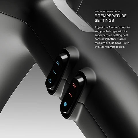 Image 1 - A close-up of a dark hair styling tool showing buttons with illuminated settings and the text FOR HEALTHIER STYLING 3 TEMPERATURE SETTINGS Adjust the Airshot’s heat to suit your hair type with its superior three setting heat control. Whether it’s low, medium or high heat – with the Airshot, you decide. Image 2 - A black hair dryer showing its controls and the text FRIZZ-FREE IONIC TECHNOLOGY Ionic Technology reduces the amount of negatively charged particles in every strand to reduce frizz and promote shine for healthier results. Image 3 - A close-up of a black device with a silver button showing a blue snowflake icon, with text reading FOR A SET STYLE COOL SHOT BUTTON Blast your hair with a burst of cool air to set your style. Image 4 - A black hairdryer with CLOUD NINE branding and visible text highlighting features 01 COOL SHOT BUTTON 02 PERSONALISED TEMPERATURE CONTROL 03 IONIC TECHNOLOGY.