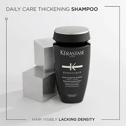 Image 1, Daily care thickening shampoo, hair visibly lacking density. Image 2, Densifique. Infused with hyaluronic acid and intra-cylane and helps to give instant, long-lasting fullness and bounce. Image 3, Hyaluronic acid, intra-clylane and stemoxydine ingredients. Image 4, Densifique, Hovig Etoyan/global professional ambassador- Many of us worry about having fine or thinning hair. Densifique enriched with stemoxydine and intracylane. The range helps to awaken dormant follicles for hair that appears thicker and fuller