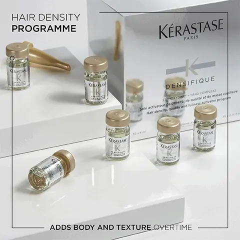 Image 1, Hair density programme- adds body and texture overtime. Image 2, Densifique. Infused with hyaluronic acid and intra-cylane and helps to give instant, long-lasting fullness and bounce. Image 3, Hyaluronic acid, intra-clylane and stemoxydine ingredients. Image 4, Densifique, Hovig Etoyan/global professional ambassador- Many of us worry about having fine or thinning hair. Densifique enriched with stemoxydine and intracylane. The range helps to awaken dormant follicles for hair that appears thicker and fuller