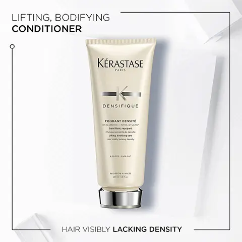 Image 1, lifting bodifying conditioner, hair visibly lacking density. Image 2, Densifique. Infused with hyaluronic acid and intra-cylane and helps to give instant, long-lasting fullness and bounce. Image 3, Hyaluronic acid, intra-clylane and stemoxydine ingredients. Image 4, Densifique, Hovig Etoyan/global professional ambassador- Many of us worry about having fine or thinning hair. Densifique enriched with stemoxydine and intracylane. The range helps to awaken dormant follicles for hair that appears thicker and fuller