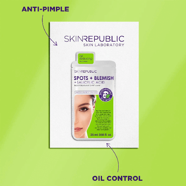 Image 1, anti-pimple, oil-control Image 2, biodegradable mask and pack, vegetarian friendly