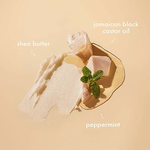 Image 1 - A close-up image featuring shea butter, Jamaican black castor oil, and fresh peppermint leaves arranged on a light beige background with labels for each ingredient.
Image 2 - A jar of SheaMoisture Jamaican Black Castor Oil Strengthen & Restore Leave-In Conditioner is centered against an orange background, with text indicating it is for chemically processed, heat-styled, or natural hair and highlighting benefits such as softening, detangling, supporting elasticity, and improving the appearance of split ends.