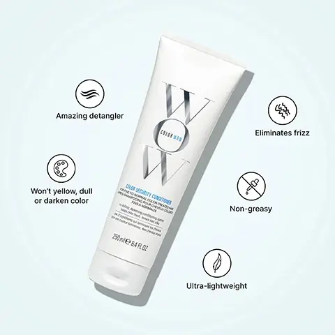 Image 1 - A white bottle of Color Wow Color Security Conditioner is shown with icons and text listing benefits Amazing detangler Eliminates frizz Won’t yellow dull or darken color Non-greasy Ultra-lightweight.
Image 2 - A white tube of Color Wow Color Security Conditioner for fine-to-normal color-treated hair with text reading COLOR SECURITY CONDITIONER FOR FINE-TO-NORMAL COLOR-TREATED HAIR APRÈS-SHAMPOOING POUR CHEVEUX COLORÉS FINS À NORMAUX no dulling darkening conditioning agents keeps color fresh leaves hair silky pas dingrédients qui ternissent les cheveux pour une couleur lumineuse des cheveux soyeux 75 ml e 2.5 FL OZ.
Image 3 - A large white bottle of Color Wow Color Security Conditioner with a black pump top is shown, with text reading COLOR WOW COLOR SECURITY CONDITIONER FOR FINE-TO-NORMAL COLOR-TREATED HAIR APRÈS-SHAMPOOING POUR CHEVEUX COLORÉS FINS À NORMAUX no dulling, darkening conditioning agents keeps color fresh, leaves hair silky pas dingrédients qui ternissent les cheveux pour une couleur lumineuse, des cheveux soyeux 946 ml e 32 FL OZ SUPER SIZE.