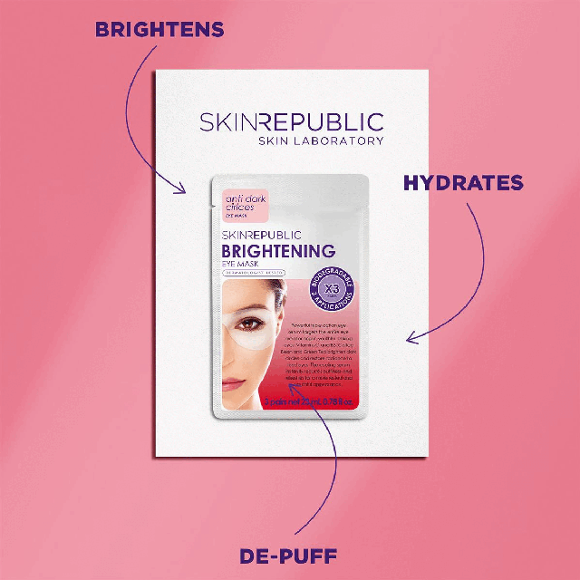 Image 1, brightens, hydrates, de-puff Image 2, biodegradable mask and pack, vegetarian friendly
