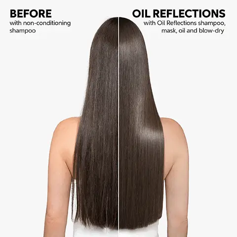 Image 1, BEFORE with non-conditioning shampoo OIL REFLECTIONS with Oil Reflections shampoo, mask, oil and blow-dry Image 2, UP TO 3X SMOOTHER HAIR* *SH, MSK and oil vs non-conditioning SH Image 3, Smoothness Shine WELLA Anti-frizz Ol Reflections nous smoothening of geschmeicers Ru esate submatrice Gio levicarte andrestors drdenx/h Soft Hair Image 4, WELLA P CReflections Linus nodev "OIL REFLECTIONS" I am very happy with the line. The hair is shiny and less dry* after the first use. - Priossou B LIGHT WELLA *vs. non-conditioning shampoo