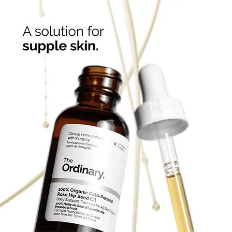 Image 1,A solution for supple skin. Image 2, 100% organic cold pressed rose hip seed oil, offers immediate hydrtaion and promotes supple, more radiant looking skin. Image 3, Apply daily in the evening. Oil texture.. Image 4, Signifcant improvement in the look of skin elasticity after 3 weeks. in 31 subjects applying 3-4 drops to face 2x/day for 6 weeks. Image 5, 1. Prep: cleaners and toners. 2.Treat: water based serums, eye serums, anhydrous and oils. 3. Seal: suspensions, moisturisers and SPF.