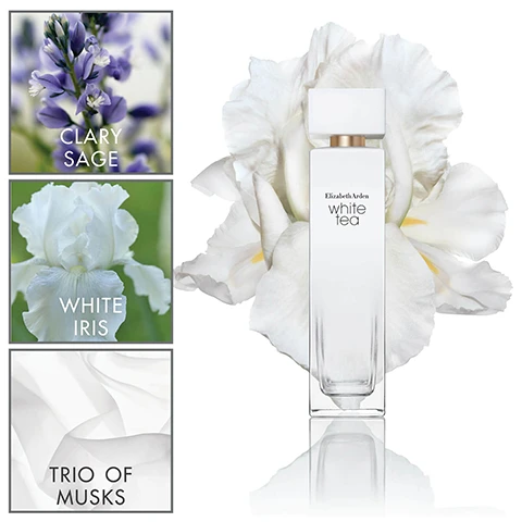 Image 1 - An elegant perfume bottle labeled Elizabeth Arden White Tea is surrounded by soft white flowers, with images of clary sage, white iris, and trio of musks displayed in the corners.
Image 2 - A black-and-white image of a woman with long hair wearing a cozy sweater, beside a bottle of Elizabeth Ardens White Tea fragrance on a light background, with the text find your moment and Elizabeth Arden white tea.