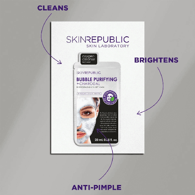 Image 1, cleans, brightens, anti-pimple Image 2,biodegradable mask and pack, vegetarian friendly