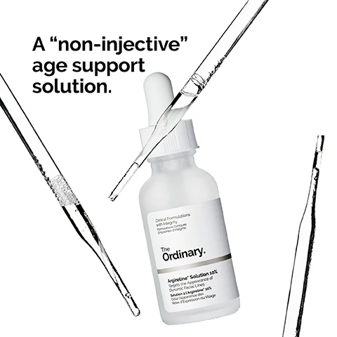 Image 1 - A product bottle of The Ordinarys Argireline Solution 10% is surrounded by glass droppers while the text A non-injective age support solution. is displayed to the left.
Image 2 - A dropper bottle of The Ordinary Argireline Solution 10% is placed on a white box against a light background, with visible text stating 10% Argireline™ improves appearance of dynamic lines and crow’s feet.
Image 3 - A woman with dark skin is applying a product around her eye with her index finger while looking at the camera; text beside her reads Apply a few drops to the forehead and around the eyes in the morning and evening.
Image 4 - An abstract illustration showing two overlapping circular shapes with the text Lightweight water-based serum.
Image 5 - Image shows various skincare products organized into three categories: Prep with cleansers and toners, Treat including water-based serums, eye serums, anhydrous solutions, and oils, and Seal with suspensions, moisturizers, and SPF.