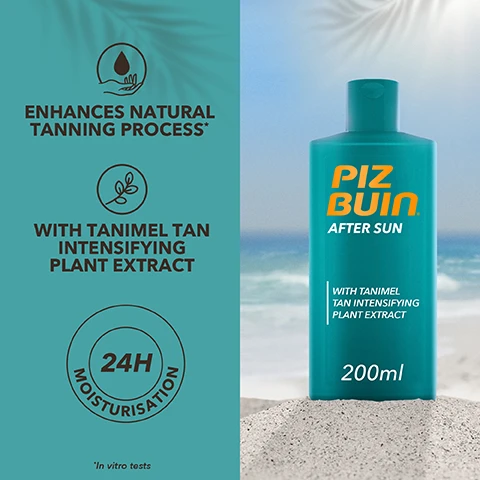 Image 1 - A turquoise bottle of Piz Buin After Sun lotion is placed on a sandy beach with the ocean in the background, displaying text that reads ENHANCES NATURAL TANNING PROCESS, WITH TANIMEL TAN INTENSIFYING PLANT EXTRACT, and 24H MOISTURISATION.
Image 2 - Two young men are running on a beach, wearing white swim trunks, with ocean waves in the background, and the image includes the text: Helps protect skin from dehydration & keep a longer lasting tan.
Image 3 - A smooth, pale blue creamy substance is shown against a teal background with the text Fast absorbing & non-greasy in dark brown.
Image 4 - Image shows three Piz Buin after-sun products on a sandy beach backdrop, with the text STAY PROTECTED at the top and details about the products including WITH ALOE VERA AND MINT EXTRACT and WITH TANIMEL TAN INTENSIFYING PLANT EXTRACT, each labeled with a volume of 200ml.
Image 5 - A smooth, light blue cream is swirled on a teal background with five stars above and text that reads Best for keeping the tan and no peel, love this stuff. - Amazon verified purchase.
