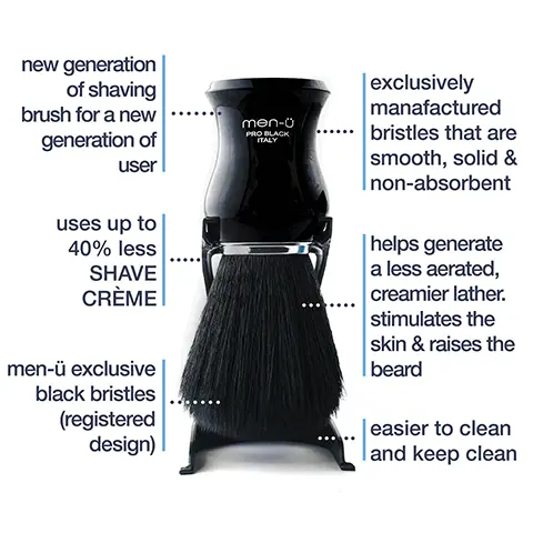 Image 1, new generation of shaving brush for a new generation of user
uses up to 40% less SHAVE CRÈME men-ü exclusive black bristles (registered design) exclusively manafactured bristles that are smooth, solid & non-absorbent helps generate a less aerated, creamier lather. stimulates the skin & raises the beard easier to clean and keep clean Image 2,  PRO BLACK SHAVING BRUSH EXCLUSIVE MEN-U BRISTLES  A new generation of shaving brush for a new generation of user. Exclusive men-ü bristles are manufactured to be smooth, solid & non-absorbent. Animal bristles such as badger are like human hair - scaly, often with a hollow core and split ends. SHAVE CREAM 15m UP TO 20 SHAVES High proportion of modern active ingredients, packed with lubricants & moisturisers. Only what is in contact between skin & blade matters all else is wasted. Better performing & up to 4 x longer lasting. less resistance means less nicks and cuts. HEALTHY FACIAL WASH 15ml UP TO 30 WASHES Soap free, ph balanced & deep cleansing with witch hazel for soothing & astringency. Great for T-zone, pre & post shaving. Includes tea tree oil that helps protect from spots & shaving rash. Aloe Vera & pro Vitamin B5. FACIAL MOISTURISER LIFT 15ml UP TO 20 APPS After shave balm and moisturiser combined. Great for use on the face after a bath, shower or face wash, when looking to overcome that just woken up feeling. A non greasy moisturiser with mint & menthol to cool, refresh & help relieve redness. MATT 'SKIN REFRESH' GEL 15ml UP TO 20 APPS Anti-shine and fragrance free toner gel. Contains natural salicylic acid and witch hazel that leaves your visual frontline looking better for longer! For normal, combination and oily skin. Cleans pores from impurities, toning and tightening the skin. Image 3, cleans pores from impurities, toning and tightening the skin removes ..and controls excess oil natural salicylic acid & witch hazel leave your visual frontline looking better for longer anti-shine and fragrance free toner gel for normal, combination and oily skin Image 4,  aftershave balm and moisturiser combined great for use on the face after a bath, shower or face wash, when looking to overcome that just woken up feeling non-greasy moisturiser mint and menthol to cool, refresh & help relieve redness leaves skin soft and hydrated