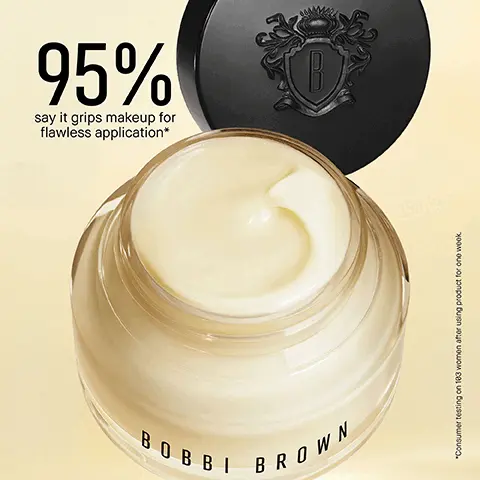 Image 1, 95% say it grips makeup for flawless application* BOBBI BROWN *Consumertesting on 183 women after using product for one week. Image 2, STEP 1 NEW VITAMIN ENRICHED SMOOTHING SERUM SMOOTH & GLOW STEP 2 VITAMIN ENRICHED EYE BASE EYE PREP & PRIME 80881 BROVI STEP 3 VITAMIN ENRICHED FACE BASE MOISTURISE & PRIME STEP 4 VITAMIN ENRICHED SKIN TINT SPF15 EVEN TONE. PERFECT & PROTECT Image 3, BLEND OF VITAMINS B, C, AND E Helps condition skin BOBBI BROWN GRAPEFRUIT AND GERANIUM Energize the senses with an uplifting scent