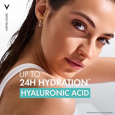 Image 1 - A close-up of a woman with a fresh and glowing complexion looking confidently towards the camera, accompanied by the text UP TO 24H HYDRATION* HYALURONIC ACID.
Image 2 - A yellow spray bottle of Vichy Capital Soleil Solar Protective Water SPF 30 is held in a black silhouetted hand, with the text ULTRA-LIGHT and ULTRA-FRESH prominently displayed on the image.
Image 3 - A hand holds a yellow spray bottle labeled Vichy Capital Soleil SPF 30, with text that reads SHAKE WELL BEFORE USE, APPLY EVERY 2 HOURS*, and SOLAR PROTECTIVE WATER.
Image 4 - Image shows two sun protection products from Vichy: a white bottle labeled UV-AGE DAILY for face with 50 SPF and a yellow bottle labeled SOLAR WATER for body with 30 SPF, alongside the text HIGH UV SUN PROTECTION.