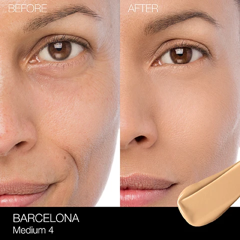 Image 1 - A split image showing a womans face with visible wrinkles and uneven skin tone on the left labeled BEFORE and the same womans face looking smoother and more even-toned on the right labeled AFTER, along with a color swatch and text BARCELONA Medium 4 at the bottom.
Image 2 - Four makeup foundation bottles are arranged in a line with varying skin tones, featuring a central bottle with a dropper, and the text above reads LONGWEAR. LEVELED UP. with bullet points highlighting features such as 16H wear, full coverage—without the weight, transfer-, sweat-, & fade-resistant, and smooths texture over time.
Image 3 - Image shows a grid of diverse skin tones labeled as Medium Shades, featuring individual faces with different complexions and undertones, along with the following text: Fiji - Light to medium with warm undertones, Punjab - Medium with warm undertones and a golden tone, Patagonia - Medium with neutral undertones, Vallauris - Medium with cool undertones, Santa Fe - Medium with warm undertones and a peach tone, Sahel - Medium with warm undertones and a peach tone, Stromboli - Medium with warm undertones and a yellow tone, Vanuatu - Medium-deep with neutral undertones, Barcelona - Medium-deep with warm undertones and a golden tone, Valencia - Medium-deep with cool undertones, Aruba - Medium-deep with warm undertones.
Image 4 - A collage of four close-up portraits of women showcasing different skin concerns; the top image features a woman with light skin and visible freckles, labeled REDNESS, the second woman has medium skin with a clear complexion under the label HYPERPIGMENTATION, and the third woman has darker skin and freckles labeled BLEMISHES, with the title at the top reading SKIN CONCERNS. SOLVED.
Image 5 - Image shows four different foundation products displayed in a grid format with descriptions of their coverage, finish, and benefits listed below each product. The visible text includes: COVER STARS, LIGHT REFLECTING FOUNDATION, NATURAL RADIANT LONGWEAR FOUNDATION, PURE RADIANT TINTED MOISTURIZER SPF 30, SOFT MATTE COMPLETE FOUNDATION, MEDIUM BUILDABLE, MEDIUM TO FULL, SHEER BUILDABLE, MEDIUM TO FULL, NATURAL RADIANT, NATURAL, RADIANT, SOFT MATTE, 16 hours of fade-resistant, breathable wear, lightweight, hydrating formula improves radiance, brightens and protects with Vitamin C, oxidation-resistant formula with 16-hour wear.