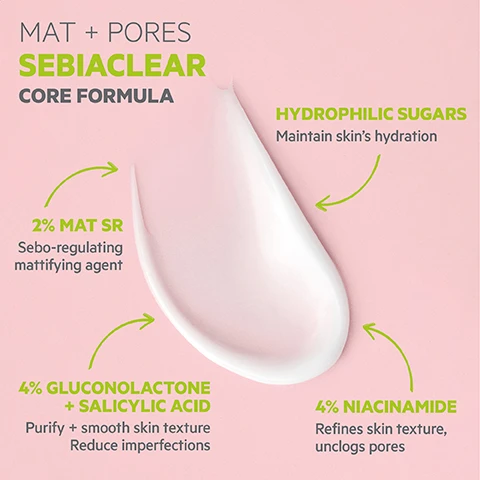 Image 3 - A white cream swirl on a pink background is surrounded by text describing its core formula and ingredients: MAT + PORES SEBIACLEAR CORE FORMULA, HYDROPHILIC SUGARS Maintain skins hydration, 2% MAT SR Sebo-regulating mattifying agent, 4% GLUCONOLACTONE + SALICYLIC ACID Purify + smooth skin texture Reduce imperfections, and 4% NIACINAMIDE Refines skin texture, unclogs pores. Image 4 - A white tube of SVR Sebiaclear Mat + Pores moisturizer with SVR LABORATOIRE DERMATOLOGIQUE, MAT + PORES SEBIACLEAR Gluconolactone 4% + Mat SR 2%, MATIFIANT HYDRATANT SÉBO-RÉGULATEUR ANTI-PORES DILATÉS, MATTIFYING MOISTURISER SEBUM REGULATING ANTI-ENLARGED PORE, and a DOCTEURS SVR VERET PARIS logo is centrally displayed on a bright green background, surrounded by various product details and claims, including a target icon with a checkmark for PROVEN RESULTS: 8 DAYS Pores are reduced (1), 50% Reduction of spots (1), 85% Sebum regulated (2), 95% Said their skin was smoothed + velvety (2), 90% Said their skin was radiant (2). Further information includes TESTED ENDOCRINE DISRUPTORS, 85% Ingredients of natural origin, HYPOALLERGENIC NON-COMEDOGENIC Dermatologically tested on sensitive, combination + oily skin, a droplet icon representing TEXTURE as Hydrating oil free fluid Velvety matt finish, and a recycling symbol for ECO-RESPONSIBLE 100% recyclable packaging Includes recycled material, with footnotes stating (1) Clinical scoring on 20 volunteers after twice-daily application for 8 days, % change. (2) Self-assessment, 20 volunteers, twice-daily application for 28 days, % satisfaction. Image 5 - A smiling woman with light blue manicured nails is applying a white cream to her right cheek, with a text box in the bottom right corner that reads: HOW TO USE Morning +/or evening Apply over whole face. Image 6 - The image displays an SVR SEBIACLEAR Routine for Oily, combination + acne-prone skin, with a sun icon indicating the MORNING routine which features WASH-OFF GEL CLEANSE, a green pump bottle labeled SVR LABORATOIRE DERMATOLOGIQUE GEL MOUSSANT SEBIACLEAR Gluconolactone NETTOYANT SANS SAVON PURIFIANT DESINCRUSTANT SOAP-FREE CLEANSER PURIFYING EXFOLIATING PEAUX GRASSES A TENDANCE ACNEIQUE OILY ACNE-PRONE SKIN 400ml - Made in France and Docteurs en Dermatologie Paris logo, plus MICRO-PEEL RENEW, a green bottle labeled SVR LABORATOIRE DERMATOLOGIQUE MICRO-PEEL SEBIACLEAR Niacinamide 4% + Lactobionic Acid EAU RENOVATRICE DESINCRUSTANTE LISSANTE RENEWAL WATER UNCLOGGING SMOOTHING PEAU MIXTE A GRASSE PORES, BOUTONS, POINTS NOIRS COMBINATION TO OILY SKIN PORES, SPOTS, BLACKHEADS 150ml - Made in France and Docteurs en Dermatologie Paris logo, plus MAT + PORES REFINE, a white tube labeled SVR LABORATOIRE DERMATOLOGIQUE MAT + PORES SEBIACLEAR Gluconolactone 4% + Mat SR 2% MATIFIANT HYDRATANT SEBO-REGULATEUR ANTI-PORES DILATES MATTIFYING MOISTURISER SEBUM REGULATING ANTI-ENLARGED PORE and Docteurs en Dermatologie Paris logo; a moon icon indicates the EVENING routine which features MICELLAR WATER CLEANSE, a white pump bottle labeled SVR LABORATOIRE DERMATOLOGIQUE EAU MICELLAIRE SEBIACLEAR Gluconolactone NETTOYANT DEMAQUILLANT PURIFIANT CLEANSING MICELLAR WATER PURIFYING PEAUX GRASSES A TENDANCE ACNEIQUE WATERPROOF OILY ACNE-PRONE SKIN WATERPROOF MAKE-UP 400ml - Made in France and Docteurs en Dermatologie Paris logo, plus MICRO-PEEL RENEW (same product as in morning), plus MAT + PORES REFINE (same product as in morning), plus As necessary CICAPEEL TREAT, a small white tube with rollerball labeled SVR LABORATOIRE DERMATOLOGIQUE CICAPEEL SEBIACLEAR Gluconolactone 4% + Salicylic Acid GEL ACTIF CIBLE STOP BOUTONS 24H ANTI-MARQUES TARGETED ACTIVE GEL ANTI-SPOTS 24H ANTI-MARKS and Docteurs en Dermatologie Paris logo.