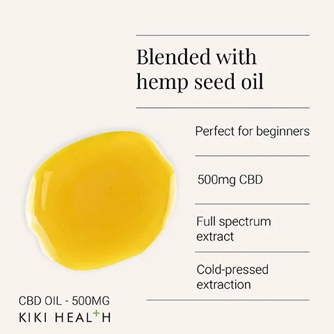 Image 1 - An oil droplet is shown on a light background, with text on the right side reading Blended with hemp seed oil, Perfect for beginners, 500mg CBD, Full spectrum extract, and Cold-pressed extraction.