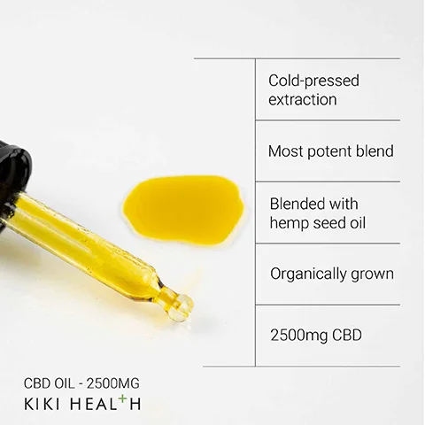 Image 1 - An oil dropper containing yellow CBD oil with a small puddle of oil nearby, alongside text that reads Cold-pressed extraction, Most potent blend, Blended with hemp seed oil, Organically grown, 2500mg CBD, KIKI HEALTH, CBD OIL - 2500MG.