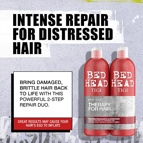 Image 2 - An advertisement displays two red Tigi Bed Head hair product bottles with white caps against a distressed grey background, featuring text that reads INTENSE REPAIR FOR DISTRESSED HAIR, BRING DAMAGED, BRITTLE HAIR BACK TO LIFE WITH THIS POWERFUL 2-STEP REPAIR DUO, GREAT RESULTS MAY CAUSE YOUR HAIRS EGO TO INFLATE, and on the bottles BED HEAD TIGI EPIC SIZE MINI PRICE THERAPY FOR HAIR RESURRECTION SHAMPOO & CONDITIONER THERAPY FOR BRITTLE, DAMAGED HAIR THÉRAPIE POUR CHEVEUX CASSANTS, ABÎMÉS. Image 3 - A close-up image showing a dark, textured background with large white text that reads THE ANTIDOTE TO DRY, DAMAGED STRANDS, above a white box containing text Perfect for weak, brittle hair that needs an intervention, Beneficial ingredient Micro shields boost stamina and strength, and a section of blonde hair, next to a red box with text Damage Level 3, and a graphic illustrating damage levels 1, 2, and 3 with level 3 highlighted. Image 4 - A red Bed Head TIGI Resurrection shampoo bottle stands next to information about its benefits, with the headline REPAIR, STRENGTHEN AND SMOOTH, followed by SHAMPOO, which HELPS REMOVE DIRT AND GRIME WHILE ADDING MOISTURE, INCREASES HAIR STRENGTH AND SMOOTHS FRIZZ, and REPAIRS VISIBLE DAMAGE WITH ACTIVE TECHNOLOGY, and the bottle itself states urban antidotes RESURRECTION 3 SHAMPOO, PERFECT FOR WEAK, BRITTLE HAIR THAT NEEDS INTERVENTION, 25.36 US FL. OZ./750 ml e. Image 5 - A product image shows a red Bed Head TIGI Urban Anti+dotes Resurrection conditioner bottle next to a swirling white conditioner texture, with the large text NOURISH, REPAIR AND SMOOTH at the top, and a white box on the left detailing CONDITIONER: SOFTENS AND SMOOTHS BRITTLE HAIR, BOOSTS HYDRATION, REPAIRS VISIBLE DAMAGE, LEAVES STRANDS NOURISHED & MORE MANAGEABLE, accompanied by three small icons representing drops, hair, and a calendar, while the bottle itself labels the product as BED HEAD TIGI urban anti+dotes RESURRECTION, DAMAGE LEVEL: ABIME, FRAGILE, DANNOS, PERFECT FOR: WEAK, BRITTLE HAIR THAT NEEDS AN INTERVENTION, 3 CONDITIONER SPÜLUNG BALSAM CONDITIONER, BIO-SHIELD STRENGTH & STAMINA, GREAT RESULTS MAY CAUSE YOUR HAIRS EGO TO INFLATE TO ASTRONOMICAL PROPORTIONS, 25.36 US FL. OZ. / 750 ml e. Image 6 - A promotional image with text on a blurry black and white cityscape background with yellow highlights, detailing a hair care routine and product fragrance: YOUR REPAIR ROUTINE, STEP 1 SHAMPOO, BUILD BIG LATHER, THEN RINSE, STEP 2 APPLY CONDITIONER TO MID-LENGTHS AND ENDS, LEAVE IN FOR 3-5 MINUTES, THEN RINSE, USE AS A SYSTEM FOR BEST RESULTS, FRAGRANCE A REFRESHING RED FRUIT FRAGRANCE, urban anti+dotes.