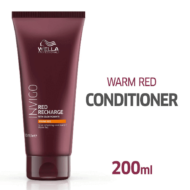Warm Red Conditoner, 200ml.Warm Red Colour Refreshing Conditioner.For hair recharged with colour pigments.With colour re-charge blend.Quick, personalised & enjoyable care treatment. 10 mins BOOST Fast, efficient, enjoyable, 15 mins RECHARGE deep, invigorating, intense, 20 mins RECOVER Repair, advanced, Transformative.Feminine luxurious scent.Apply to Clean, Damp Hair. Leave for 5 Minutes.For hair with warm red tones.Invigo: High performance hair solutions.