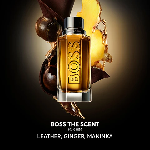 Image 2 - A bottle of Boss The Scent for Him is displayed against a dark background, surrounded by ginger and a brown leather-like element with visible text stating BOSS THE SCENT FOR HIM LEATHER, GINGER, MANINKA.
Image 3 - A bottle of mens perfume with the label BOSS is displayed against a dark background, accompanied by a testimonial quote and five stars indicating a rating.
Image 4 - A woman wearing a black sleeveless dress stands next to a man in a black shirt, with two bottles of BOSS THE SCENT fragrance displayed beside them, accompanied by the text THE NEW REFILLABLE FRAGRANCES.