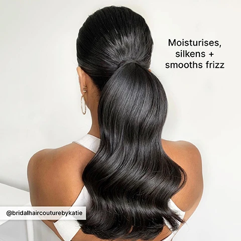 Image 1 - A woman from behind with a sleek, shiny, dark high ponytail styled in elegant waves, accompanied by the text Moisturisers, silken + smooths frizz and @bridalhaircouturebykatie. Image 2 - A white and black tube of Color Wow Pop & Lock High Gloss Finish, 12ml 0.4FL.OZ, is shown on a pink background, surrounded by icons and text listing its benefits: Heat protection, Creates eye-popping shine, Works on wet and dry hair, Tames frizz and flyaways, Seals split ends, UV protection, Smooths sections for sleek, tight braiding, Alcohol-free, sulphate-free, vegan.