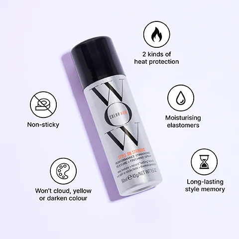 A silver COLOR WOW Style On Steroids Performance Enhancing Texture Finishing Spray bottle on a light purple background highlights benefits including: 2 kinds of heat protection, Moisturising elastomers, Long-lasting style memory, Wont cloud, yellow or darken colour, and Non-sticky, plus bottle text reading spray texture + record setting results, not stiff or sticky hold + thermal protection, 50ml e 43g / NET WT 1.5 OZ.