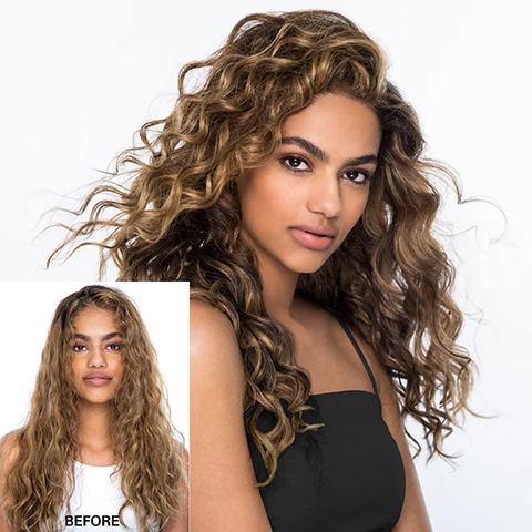 Image 1 - A woman with voluminous, curly, highlighted brown hair looking at the viewer, with a smaller inset image in the bottom left showing her with less voluminous, wavy hair and the text BEFORE. Image 2 - Two black, rectangular spray bottles of hair product are shown against a pink tiled background, one standing upright and one lying horizontally at its base, both covered in water droplets, with the bottles displaying the text WOW Color Wow Dream Coat For Curly Hair Pour Cheveux Bouclés Miracle moisture mist creates the perfect frizz-free hold Brume hydratante miracle pour des boucles parfaites sans frisottis 200ml e 6.7 FL OZ, and on the left, features are listed as One-step curl styler, Bouncy, hydrated bundles, No weight, no crunch, Alcohol-free, Anti-frizz, and Heat protection. Image 3 - A black bottle of Color Wow Dream Coat for Curly Hair with text WOW COLOR WOW DREAM COAT FOR CURLY HAIR POUR CHEVEUX BOUCLÉS miracle moisture mist creates the perfect frizz-free curls brume hydratante miracle pour des boucles parfaites sans frisottis 200 ml ℮ 6.7 FL.OZ is shown tilted on a wet, reflective surface against a pink background that displays usage instructions with icons: NO HEAT REQUIRED, APPLY LIBERALLY TO DAMP OR WET HAIR (depicted by a spray bottle), FINGER COMB AND/OR SCRUNCH TO SHAPE (depicted by a hand with hair), AIR DRY OR BLOW-DRY WITH A DIFFUSER (depicted by wavy lines). Image 4 - A rectangular dark grey spray bottle with a clear top is shown, labeled WOW, COLOR WOW, DREAM COAT FOR CURLY HAIR, miracle moisture mist creates the perfect frizz-free curls, 75ml e 2.5 FL OZ, and TRAVEL SIZE. Image 5 - A metallic gray spray bottle with a clear spray top stands on a white background, labeled WOW COLOR WOW DREAM COAT FOR CURLY HAIR POUR CHEVEUX BOUCLÉS miracle moisture mist creates the perfect frizz-free curls baume hydratante miracle position boucles parfaites sans frisottis 500 ml 16.9 FL OZ SUPER SIZE.