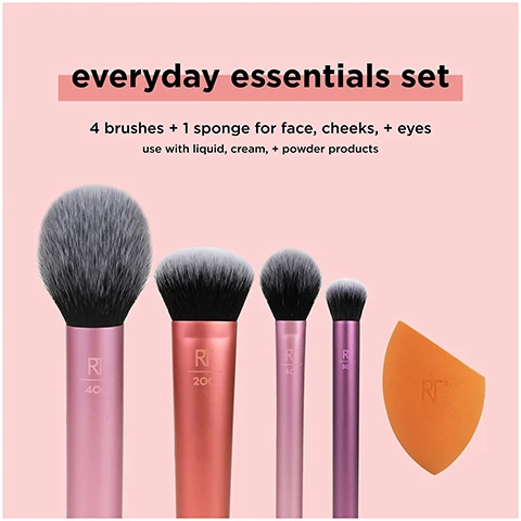 Image 1, everyday essentials kit, 4 brushes, 1 sponge for face cheeks and eyes. use with liquid, cream and powder products. Image 2, everyday essentials set. RT 300 deluxe crease brush = use to blend cream and powder eye shadows evenly or use to blend concealer. RT 402 setting brush = use to dust on highlighter or setting powder. RT 200 expert face brush = use to buff liquid and cream foundations also acts as the perfect tool to create a seamless contour. RT 400 blush brush = use to blend powder blushes evenly for a natural yet buildable finish. miracle complexion sponge = use the flat edge to apply and cover, the round sides to blend and blur and the precision top to conceal and perfect. Image 3, as featured in allure, byrdue, buzzfeed, cosmopolitain, elle, e ews, in style, people, today and tzr. Image 4, miracle complexion sponge 3 point application technique seamlessly blends and applies makeup. flat edge use to apply liquid or creams. rounded side bounce and blend all over. precision top, spot conceal blemishes and perfect under eyes. Image 5, the best selling makeup sponge, multi purpose foam works with all liquids creams and powders. easily bounces and blends to distribute product for a natural looking finish. created with revolutionary latex free foam technology. durable and easy to clean. Image 6, works with all liquid, cream and powder formulations. use damp for a light, dewy finish. Image 7, blend and glow coverage light to medium. finish natural and dewy. Image 8, ultra plush bristles proprietary blends of premium quality synthetic bristles designed specifically for each brush's function. each brush has 20,000+ bristles, non porous surface for less product absorption and easy cleaning. durable material for shed resistance. densely packed bristles to retain shape over time. Image 9, makeup sponge care. miracle complexion sponge, miracle airblend sponge, miracle powder sponge, miracle concealer sponge. cleanse - clean once a week using the real techniques brush and sponge cleansing gel, air dry in a well ventilated area and store in a cool dry place. replace every 30 days to maintain clean, flawless makeup application. Image 10, keep it clean, deep clean once per week with our brush cleansing gel and brush cleansing palette. 1 = extend the collapsible grip and slip palette between your fingers and add warm water and cleansing gel to surface. 2 = swirl brush over surface until clean. 3 = rinse brush thoroughly ensure to face the brush down when rinsing. 4 = air dry flat or upside down in a well ventilated area. Image 11, makeup sponges and brushes. take care of your real techniques tools in 2 steps. rinse after every use to keep fresh and prevent build up. cleanse once a week to remove makeup, oil and impurities. use the real techniques makeup brush and blending sponge gel to clean your brushes and sponges weekly.