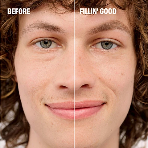 Image 1 - A close-up image of a young man, showing a side-by-side comparison of his face; the left side labeled BEFORE shows a natural look with visible light facial hair, while the right side labeled FILLIN GOOD shows a smoother, groomed appearance.
Image 2 - Image shows two eyebrow pencils labeled as brow products; one is a full-size pencil with a spoolie brush on one end, and the other is a mini pencil, both featuring a white casing with red and black text.
Image 3 - Image of an eyebrow pencil standing upright on the left side against a pink background, with bullet points listing features: Glide-on formula for fast & easy filling, Non-sharpen, goof-proof tip, Waterproof with 12-hour longwear.
Image 4 - Four eyebrow pencils are displayed on a light beige background, with visible instructions detailing their features: Precisely, My Brow Pencil l 1.5 mm tip for hair-like strokes, Precisely, My Brow Detailer 0.8 mm tip for detailing, Gimme Brow+ Volumizing Pencil Powder & fiber tip for volume, and Goof Proof Brow Pencil Goof-proof tip for fast filling.